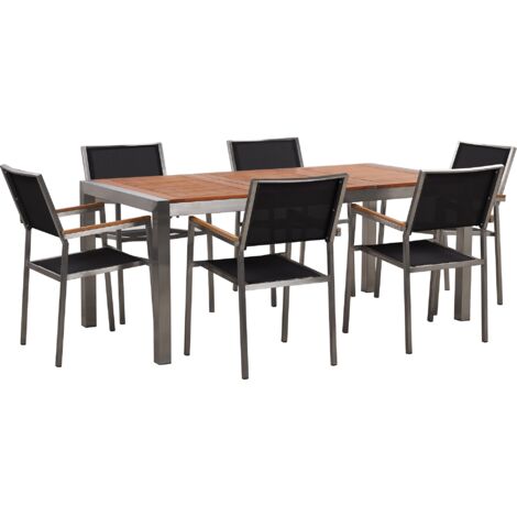 6 Seater Garden Dining Set Eucalyptus Wood Top Black Chairs Grosseto