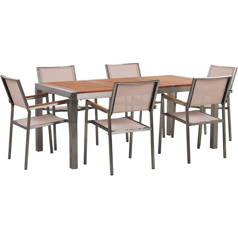 6 Seater Garden Dining Set Eucalyptus Wood Top Beige Chairs Grosseto