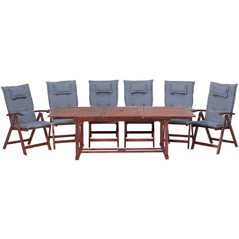 6 Seater Garden Dining Set Extending Table Reclining Chairs Blue Cushions Toscana - Dark Wood