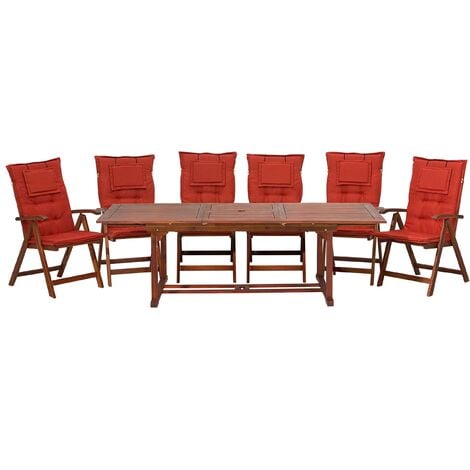 6 Seater Garden Dining Set Extending Table Reclining Chairs Red Cushions Toscana - Dark Wood