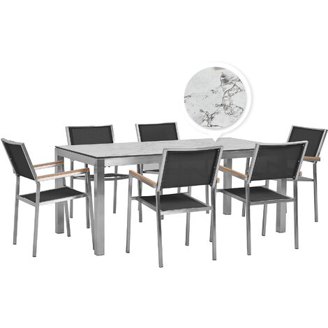 main image of "6 Seater Garden Dining Set Marble Veneer HPL Top Black Chairs Grosseto"