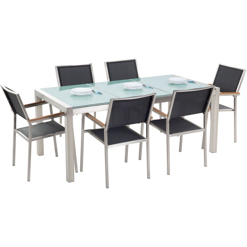 6 Seater Garden Dining Cracked Ice Glass Top Black Chairs Grosseto