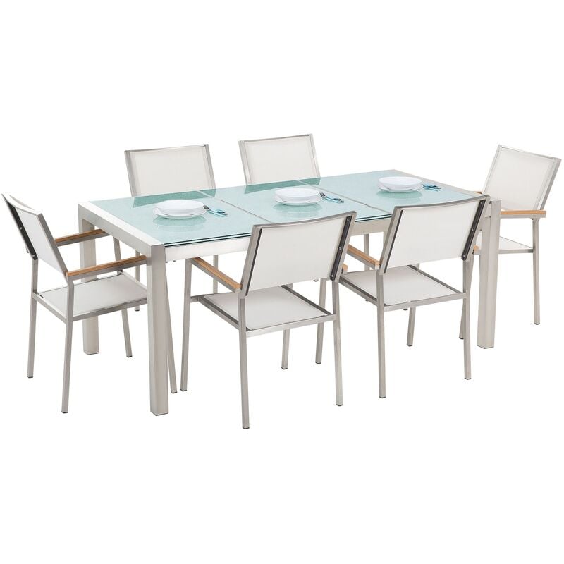 6 Seater Garden Dining Cracked Ice Glass Top White Chairs Grosseto