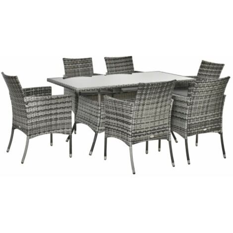 6-Seater Rattan Garden Dining Set with Rectangular Table and Cube Chairs - Fire Resistant Sponge in Grey for Outdoor Use