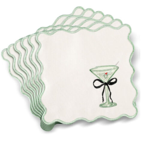 6 Serviettes Cocktail Martini en Satin Polyester Lavable, 15x15 cm, Broderie Festonnée pour Décorations de Fête, Cadeau Fête des Demoiselles d'Honneur (Blanc)
