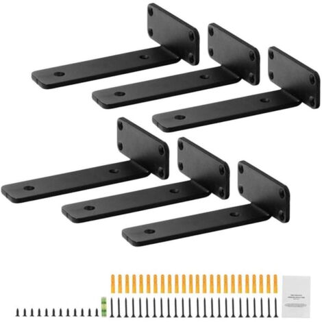 6 soportes de estante flotantes robustos, color negro mate, de 5 mm de espesor, con soporte integrado, soporte de estante en forma de T, soporte lateral corto.