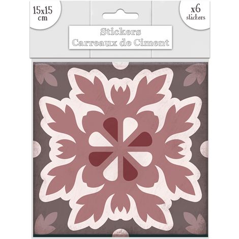 6 Stickers carreaux de ciment Feuilles - 15 x 15 cm - 15 x 15 x 0,1 - Rose