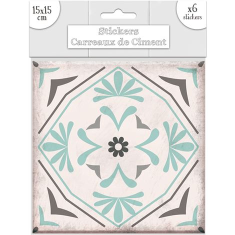 6 Stickers carreaux de ciment Fleurs - 15 x 15 cm - 15 x 15 x 0,1 - Vert