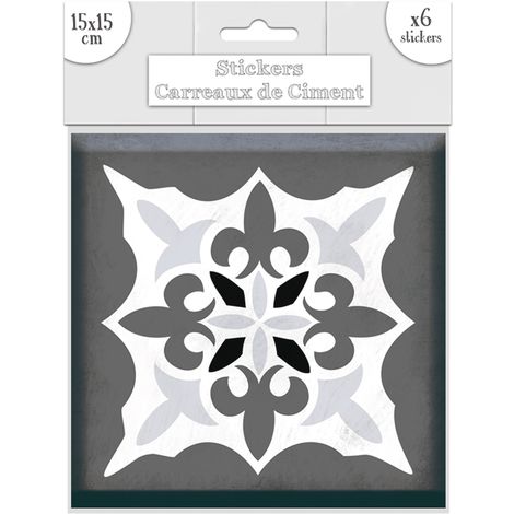 6 Stickers carreaux de ciment Lys - 15 x 15 cm - 15 x 15 x 0,1 - Gris