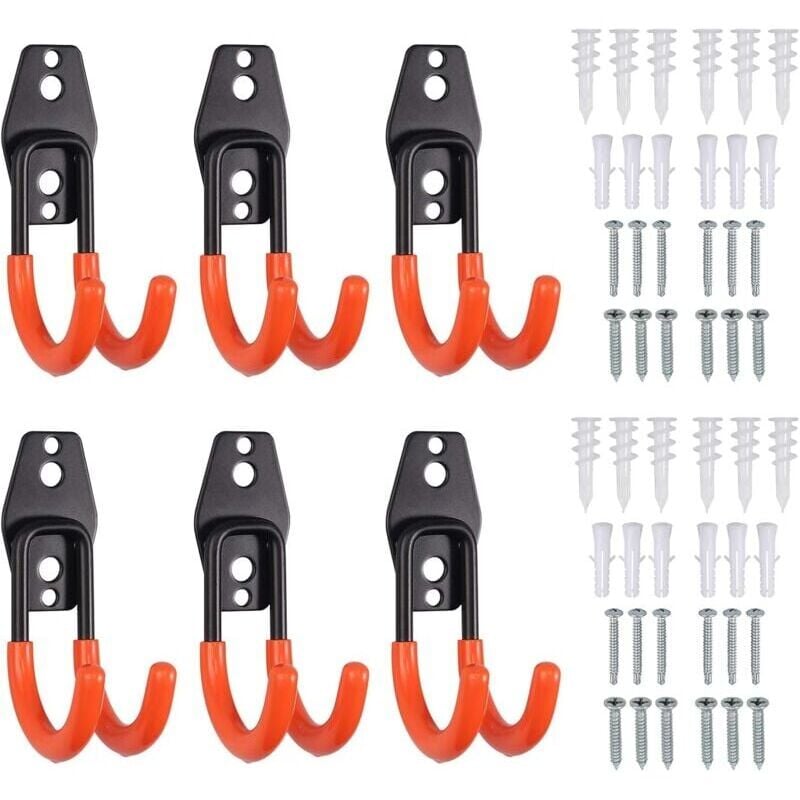 Image of 6 ganci portaoggetti in acciaio per garage, doppio gancio portaoggetti per biciclette, corde, scale