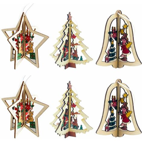 6 Stück 3D Weihnachtsdeko Holz Anhänger, Christbaumschmuck Anhänger, 3D Herz Stern Baumanhänger Dekoration, für Weihnachtsbäume, Wände, Fenster und Weihnachtsfeiern Verwendet