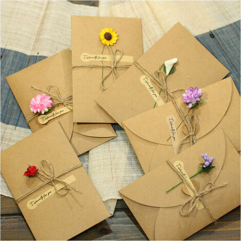 6 Stück Blumen-Dankeschön-Anlasskarte, Grußkarte, handgefertigte Einladungskarte mit Umschlägen, Vintage-Kraftpapier, handgefertigte Grußkarte mit getrockneten Blumen