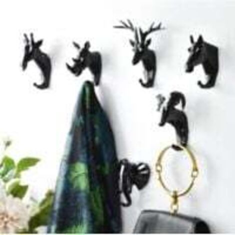 6 Stück Kleiderhaken Wandgarderobe Tierkopf Hirsch Elefant Ziege Dekorative Haken Kreatives Harz Retro Vintage Türhaken für Eingangsbereich Schlafzimmer Badezimmer, Schwarz