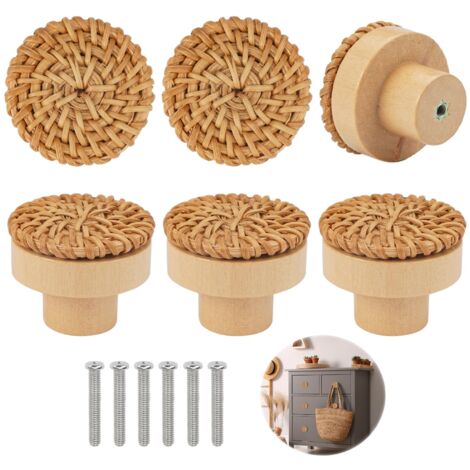 6 Stück Rattan-Holz-Schrankknöpfe, Holzmöbelgriff, Schubladenknopf, Türknöpfe für Schränke, runde Holzmöbelknöpfe, Holzmöbelknopf für Schlafzimmer, Küche, Büro