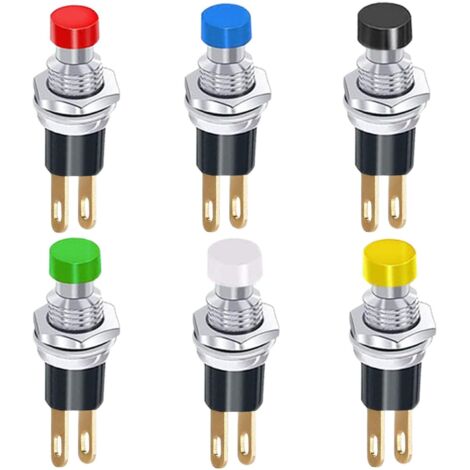 6 Stück selbstverriegelnde 7-mm-Mini-Drucktaster, SPST-Rasttyp, EIN/AUS, 2-poliger Rundknopf, 3 V-6 V-12 V-24 V-230 V/1,5 A Mini-Schalter (Schwarz, Weiß, Blau, Rot, Gelb, Grün)