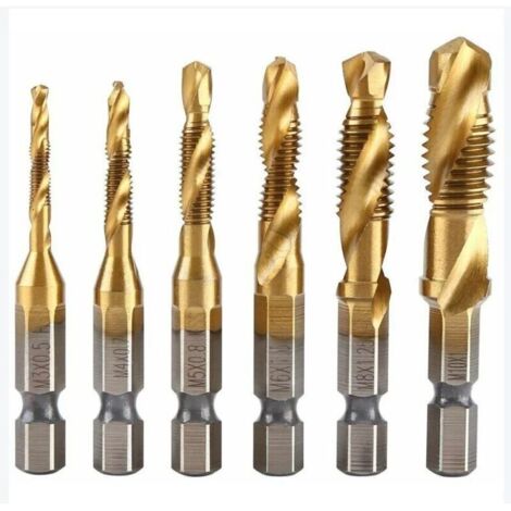 6 tarauds filetés, foret taraud, filetage métrique M3-M10 avec revêtement en titane HSS et embouts de taraudage 1/4 queue hexagonale cannelée pour tarauder différents fils.