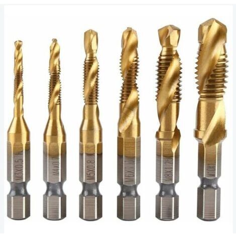 6 tarauds filetés, foret taraud, filetage métrique M3-M10 avec revêtement en titane HSS et embouts de taraudage 1/4 queue hexagonale cannelée pour tarauder différents fils.