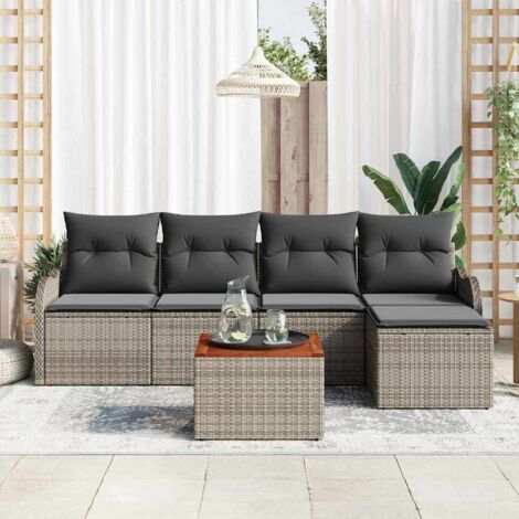 6-teiliges Garten Sofa Set mit Kissen Grau Poly Rattan Akazie vidaXL739579
