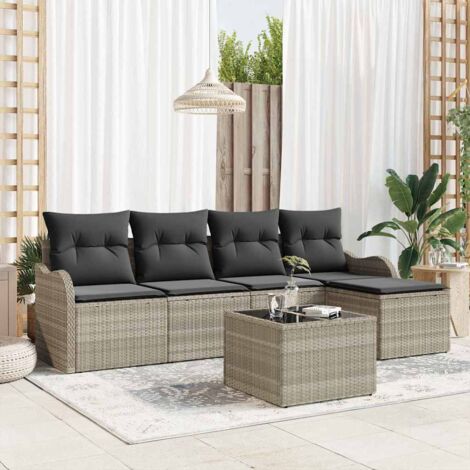6-teiliges Garten Sofa Set mit Kissen Grau Poly Rattan vidaXL367974