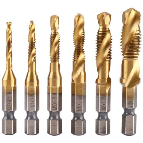 6-teiliges Gewindebohrer-Set, Gewindebohrer, metrisches Gewinde M3–M10 mit HSS-Titanbeschichtung und geriffelten Gewindebohrern mit 1/4-Zoll-Sechskantschaft zum Schneiden verschiedener Gewinde.
