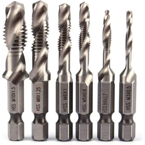 6-teiliges HSS-Bohrer-Set, 1/4 Zoll Sechskantschaft, Kombinationsbohrer-Gewindebohrer-Set, HSS-Bit M3-M10, metrisches Gewindebohrer für Holz, Eisen, Aluminium, Silber