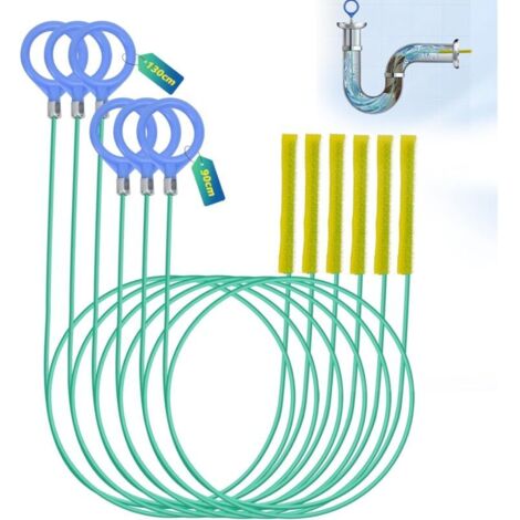 6-teiliges Rohrreinigungsset – Flexible Bürste, professionelles Werkzeug zur Abflussreinigung für Waschbecken und Rohre, 90 cm + 130 cm