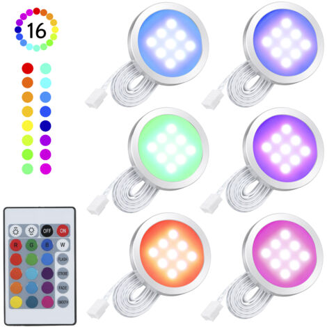 6-teiliges schlankes RGB-LED-Unterschrankbeleuchtungsset in runder Form, SMD5050, Puck-Lampe, Farbwechsel, einstellbar, dimmbar, mit Fernbedienung für Küche, Schlafzimmer, Bücherregal