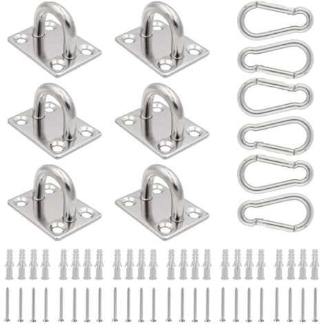 6-teiliges Set aus Edelstahl-Ösenplatten und 6 Karabinerhaken, U-förmige Ösenplatten, robuste Ösenplatten mit Dübeln und Schrauben, Ösenplatten für Wohnzimmer, Balkon, Badezimmer (M8)