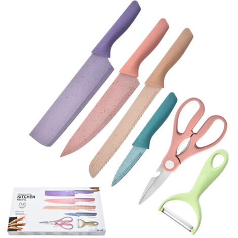 6-teiliges Set aus Edelstahlmessern mit Griffen aus Weizenstroh und Antihaftbeschichtung, inklusive Sparschäler und Schere, Geschenkbox, 1,0 mm dick, für vielseitigen Einsatz in der Küche