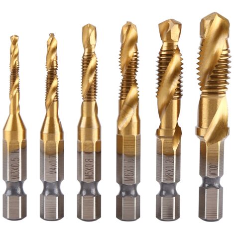 6-teiliges Set HSS-Bohrer und -Gewindebohrer mit Titanbeschichtung, metrisches Gewinde M3-M10, 1/4"-Sechskantschaft