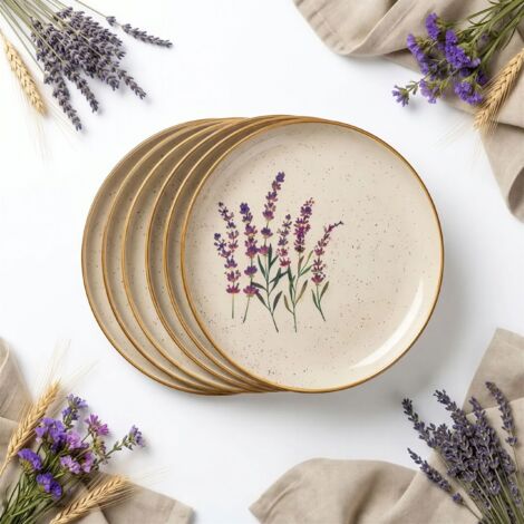 6-teiliges Speiseteller-Set, 24 cm, Wildblumen-Lavendel-Keramik