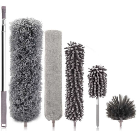 6-teiliges Teleskop-Staubwedel-Set, Wolfskopf-Design, Länge 25-252 cm, waschbarer Mikrofaser-Staubwedel, Spinnennetz-Staubwedel, verschiedene Teleskop-Staubbürsten für Decken, Möbel und Jalousien