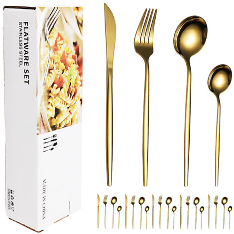 6-teiliges, vergoldetes Edelstahl-Besteckset – elegantes Steakmesser, Gabel und Löffel für Hotel und Restaurant