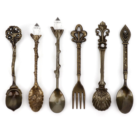 6-teiliges Vintage-Besteckset aus Zinklegierung, Löffel und Gabel, Retro-Küchenaccessoire mit grün-bronzenem Herzdesign