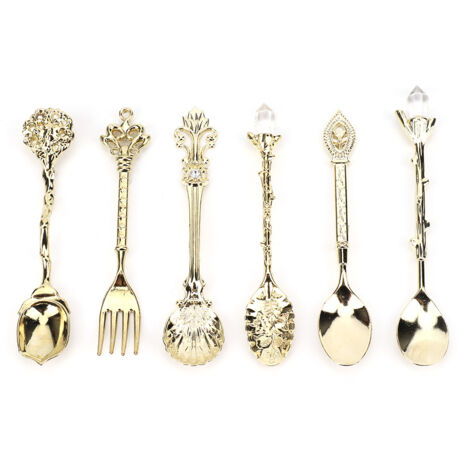 6-teiliges Vintage-Retro-Besteckset aus Zinklegierung, Löffel und Gabeln, goldenes Küchenaccessoire mit Griff in Form eines Glücksknotens