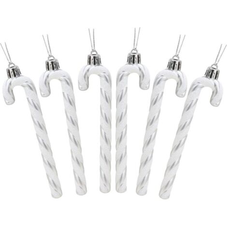6-teiliges Weihnachtsset mit 6 glitzernden Zuckerstangen-Weihnachtsbaumdekorationen (13 cm, silber und weiß)