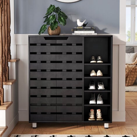 LIVINGANDHOME 6 Tier Black Shoe Cabinet with Doors