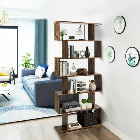 main image of "6-tier Bookcase Industrial S-Shaped Bookshelf Wooden Storage Display Shelf Home"