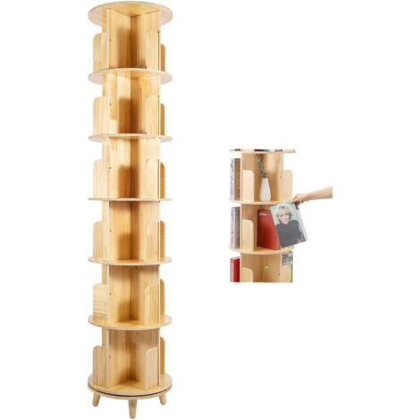 6-Tier Rotating Bookshelf Cylindrical Wooden Book Rack 6 Tier Plants Storage Display Holder Stand 360° Rotating Floor Standing Shelf For Storing Books, Precious Souvenirs, Displays