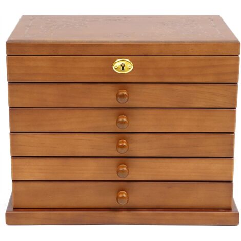 6-Tier Schmuck Box Holz Aufbewahrungsschrank Vier-Blatt geschnitzte Spitze mit Schloss & Spiegel, Schmuckkasten mit 6 Schubladen Holz Schmuckaufbewahrung Schachtel Schmuckvitrine