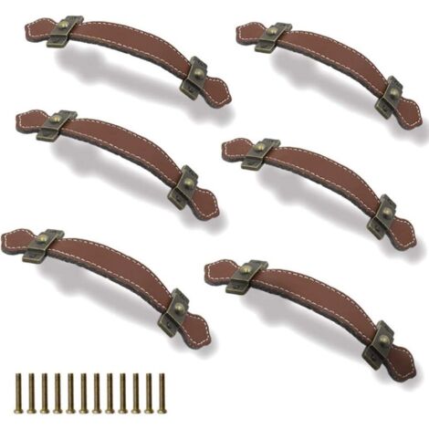 6 tiradores de cuero para cajones, 128 mm, estilo vintage, para maletas, armarios y muebles, con tornillos, color marrón.