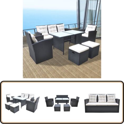 6-tlg. Garten-Essgruppe mit Kissen Poly Rattan Schwarz - Gartenmöbeln - Rattan Gartenmöbel - Outdoor Essgruppe - Esstisch - Sofa