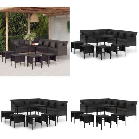 6-tlg. Garten-Essgruppe mit Kissen Schwarz Poly Rattan - Garten-Essgruppe -  Garten-Sitzgruppe - Home & Living