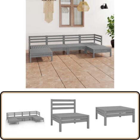 6-tlg. Garten-Lounge-Set Grau Massivholz Kiefer - Gartenmöbel - Loungesessel - Gartenloungeset - Rattan Möbel - Holz Gartenmöbel