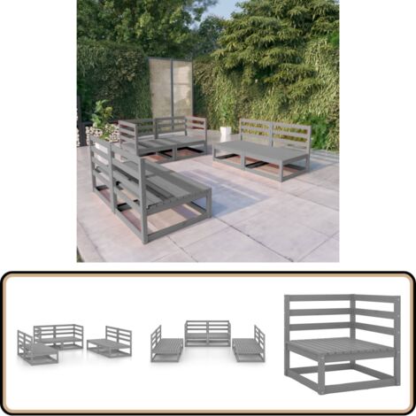 6-tlg. Garten-Lounge-Set Grau Massivholz Kiefer - Gartenmöbel - Loungesessel - Gartenloungeset - Rattan Möbel - Holz Gartenmöbel
