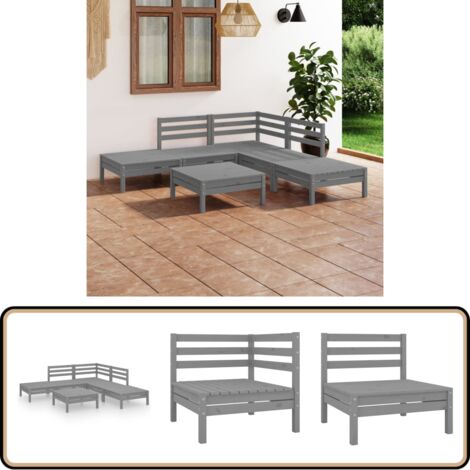 6-tlg. Garten-Lounge-Set Massivholz Kiefer Grau - Outdoor Lounge Set - Gartenmöbel - Rattan Möbel - Kiefernholzmöbel - Garten Sofa