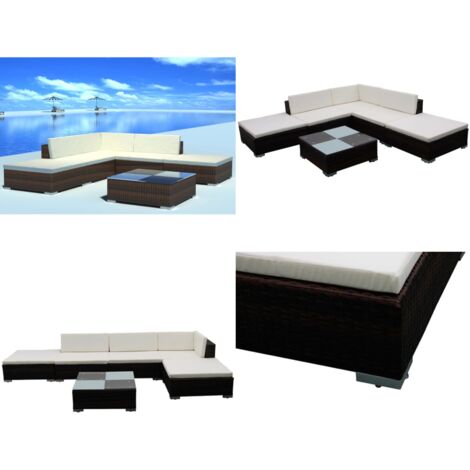 6-tlg. Garten-Lounge-Set mit Auflagen Poly Rattan Braun - Gartenzubehör - Gartenloungeset - Rattanmöbel - Outdoormöbel - Esszimmergarnitur - Home & Living