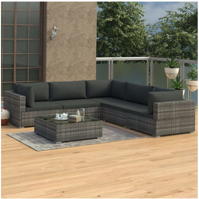 6-tlg. Garten-Lounge-Set mit Auflagen Poly Rattan Grau