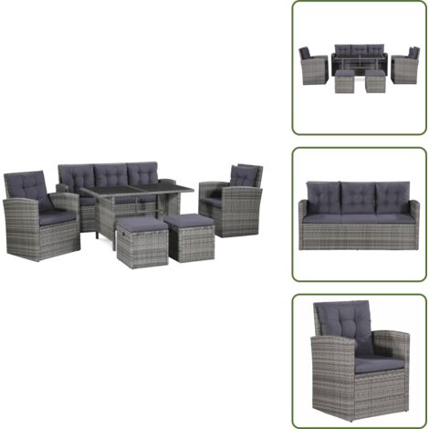6-tlg. Garten-Lounge-Set mit Auflagen Poly Rattan Grau - Garten Lounge Set - Outdoor Möbel - Rattan Gartenmöbel - Gartenstuhl - Esstisch