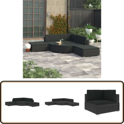 6-tlg. Garten-Lounge-Set mit Auflagen Poly Rattan Schwarz - Gartenmöbeln - Loungemöbel - Rattanmöbel - Outdoormöbel - Sitzgruppen